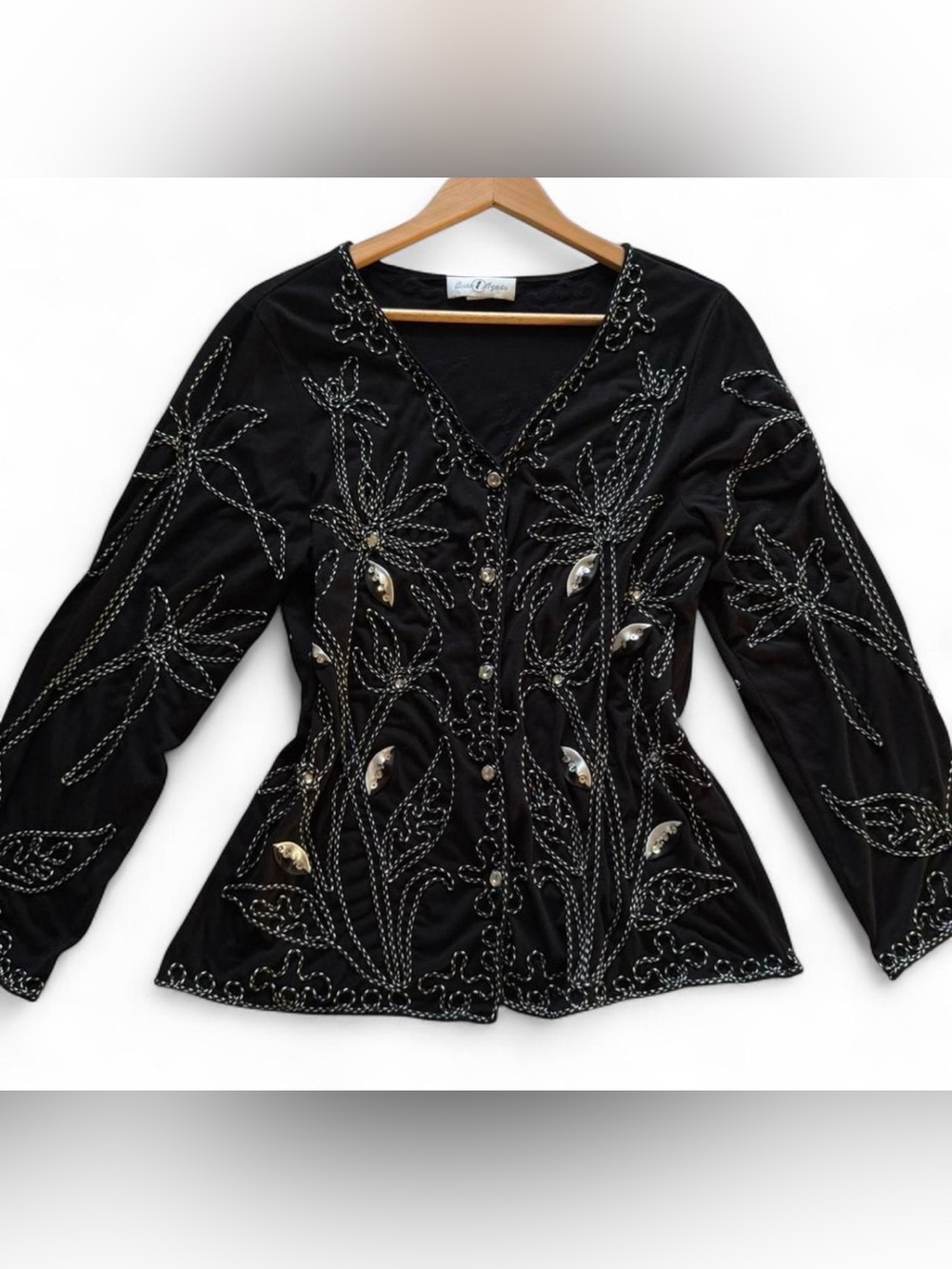 Once Again Vintage 90s Black White Floral Embellished Beaded Cardigan XL